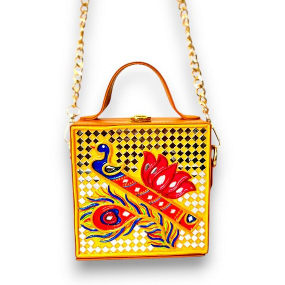 Handcrafted Vegan Leather Bansuri Lippan Mirror Sling Bag